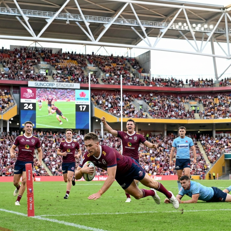 Rugby player in a maroon jersey diving to score a try at Suncorp Stadium.